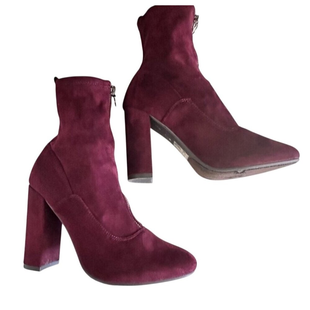 Burgundy Suede Ankle Booties With Front Zipper & Block Heels - Picture 9 of 13